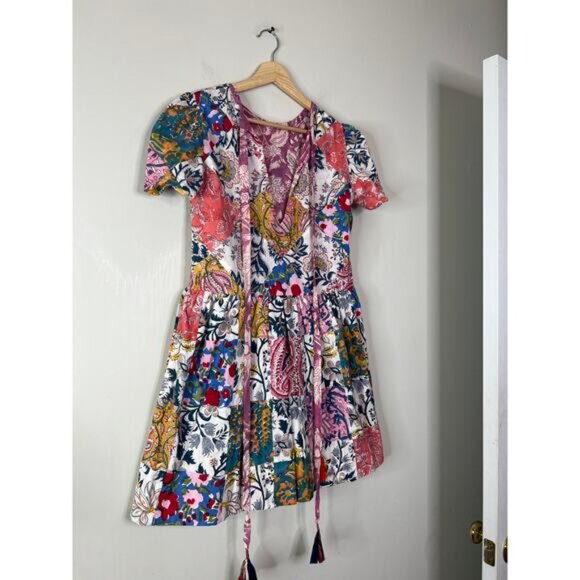 NEW Alix Of Bohemia Mila Patchwork Round Neck Tie Mini Dress Multi Color Size XS - Picture 5 of 8